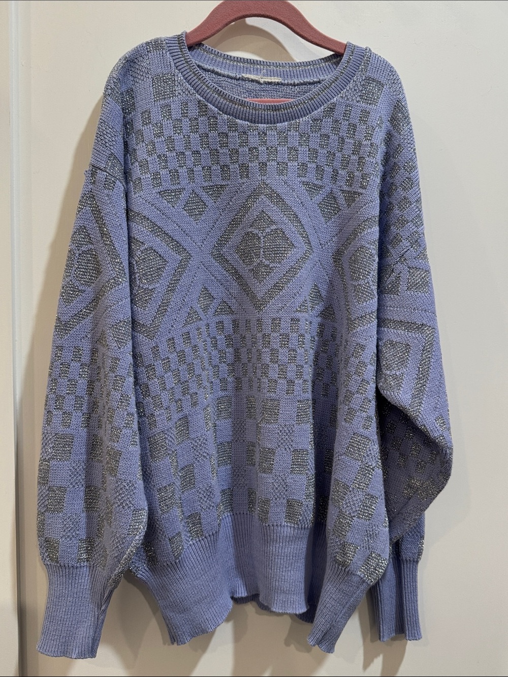 Vintage 80’s style Crewneck Knit Sweater with Metallic Pattern wm’s bluish lilac